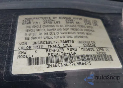 2007 Nissan Versa 1.8S from USA, damaged, VIN 3N1BC13E77L388275